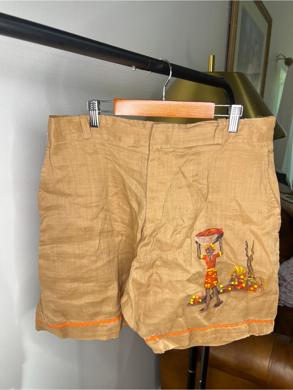 Handmade Lenin Tan Embroidered Cotton Shorts - Tan